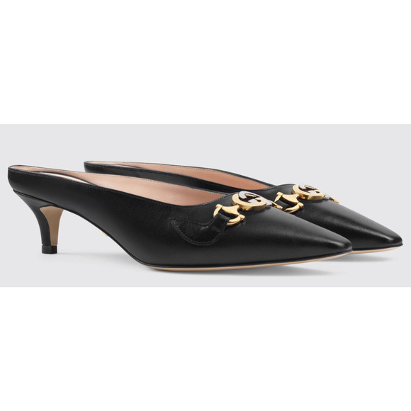 Gucci Zumi Black Leather Silver Gold GG Kitten Heel Mule Slide Loafer Pump 37 - Picture 2 of 12